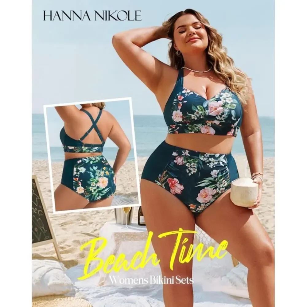 Hanna Nikole Women Floral High Waisted Bikini Set Tummy Control Swimwear L - Picture 3 of 6